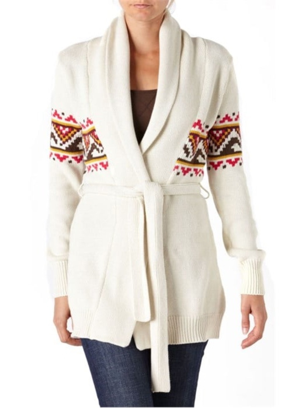 Quiksilver Cream Shawl-Collar Cotton‎ Knit Cardigan Sweater Fair Isle Bands, M